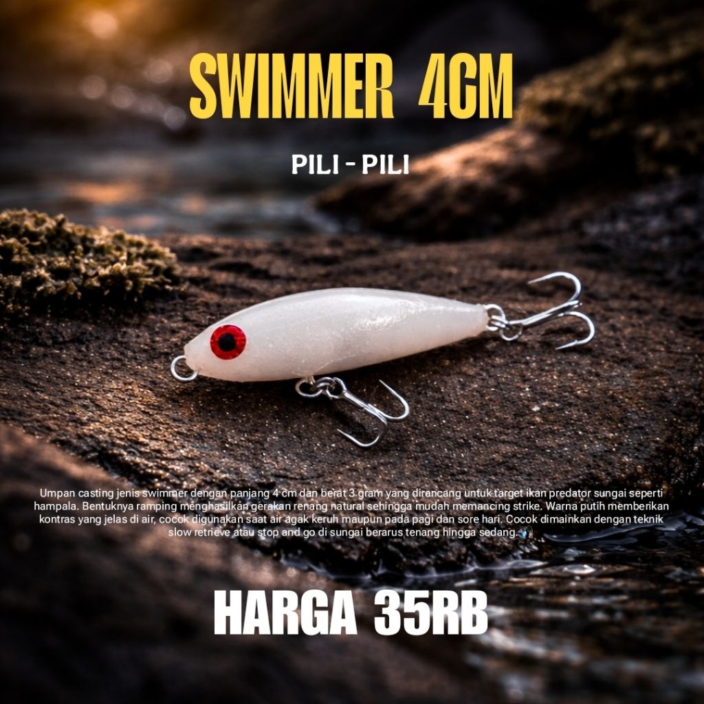 Swimmer Hampala Pili - Pili 4cm  K&A Fishing Putih untuk Predator Air Tawar & Asin 3.5 Gram Harga 35
