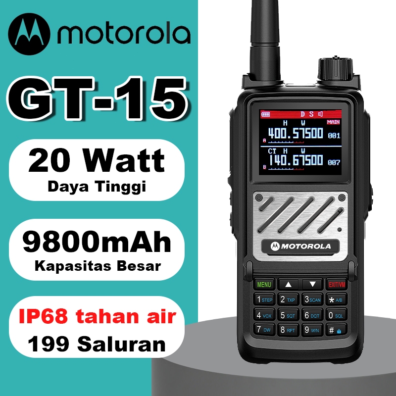 HT Motorola GT-15 Handy Talky 15W IP68 9800mAh Walkie Talkie Analog Radio Jarak Jauh 20KM Dual Band 