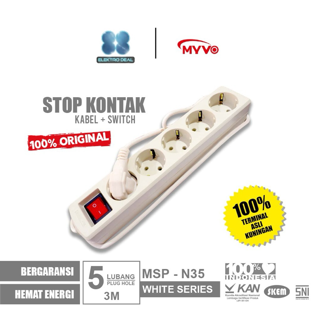 MYVO Stop Kontak 5 Lubang 3 Meter MSP-N35 Putih Asli Kuningan
