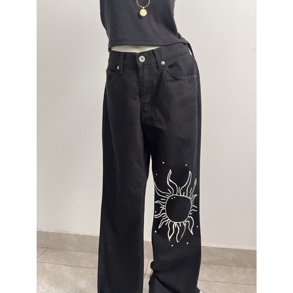 Hand-painted Sun on Denim Jeans | Celana Panjang Jeans Hitam | Reworked Denim Jeans | Reworked Pants