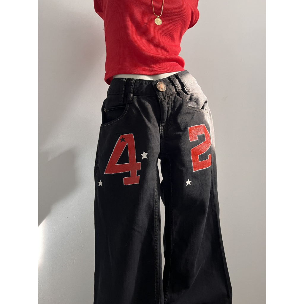 Hand-painted 49 on Black Jeans | Celana Panjang Jeans Hitam | Reworked Denim Jeans | Reworked Pants