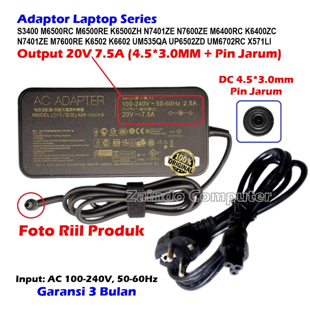 ADAPTOR ASUS VIVOBOOK 20V 7.5A 4.5x3.0MM PIN JARUM S3400Q S3400QA M6500RC M6500RE K6500ZC K6500ZE K6