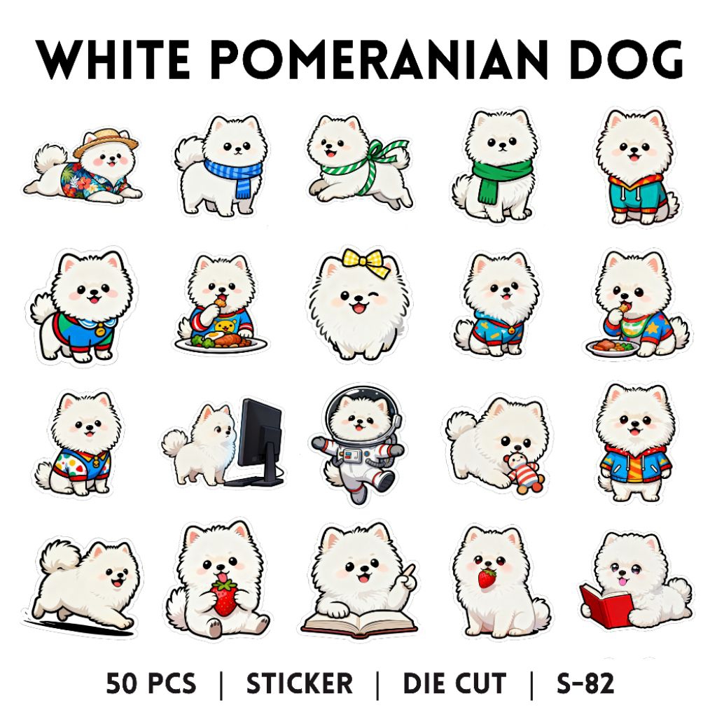 [50 pcs] STICKER | WHITE POMERANIAN DOG (S-82) ANJING POM PUTIH, HEWAN, BINATANG | DECO STICKER | ST