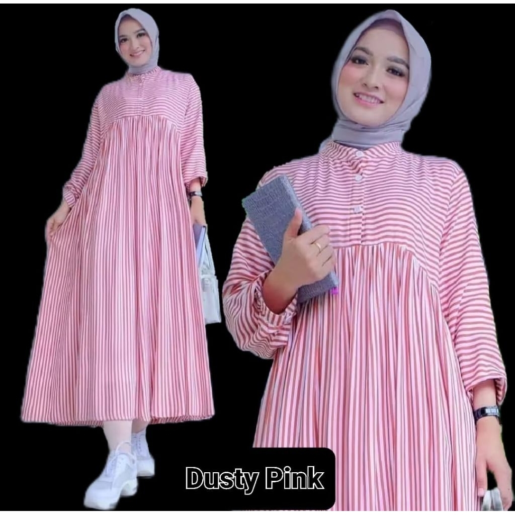 Dress Gamis Salur Jumbo XL,Katun Viscose Jawani Midi Dress Gamis Terbaru Casual Dress Pakaian Wanita