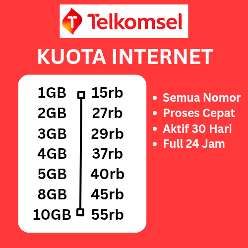 Kuota Telkomsel Nasional 1GB, 4GB, 10GB, 15GB | Full Internet