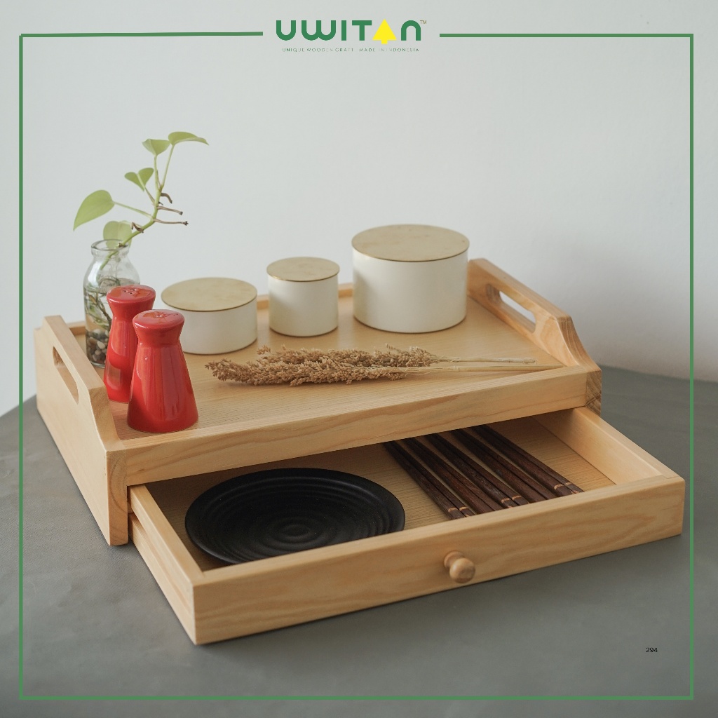 Uwitan Tray Storage – Nampan Laci Serbaguna Bahan Kayu Pinus Solid Nampan Tamu Rak Skincare Rak Kopi