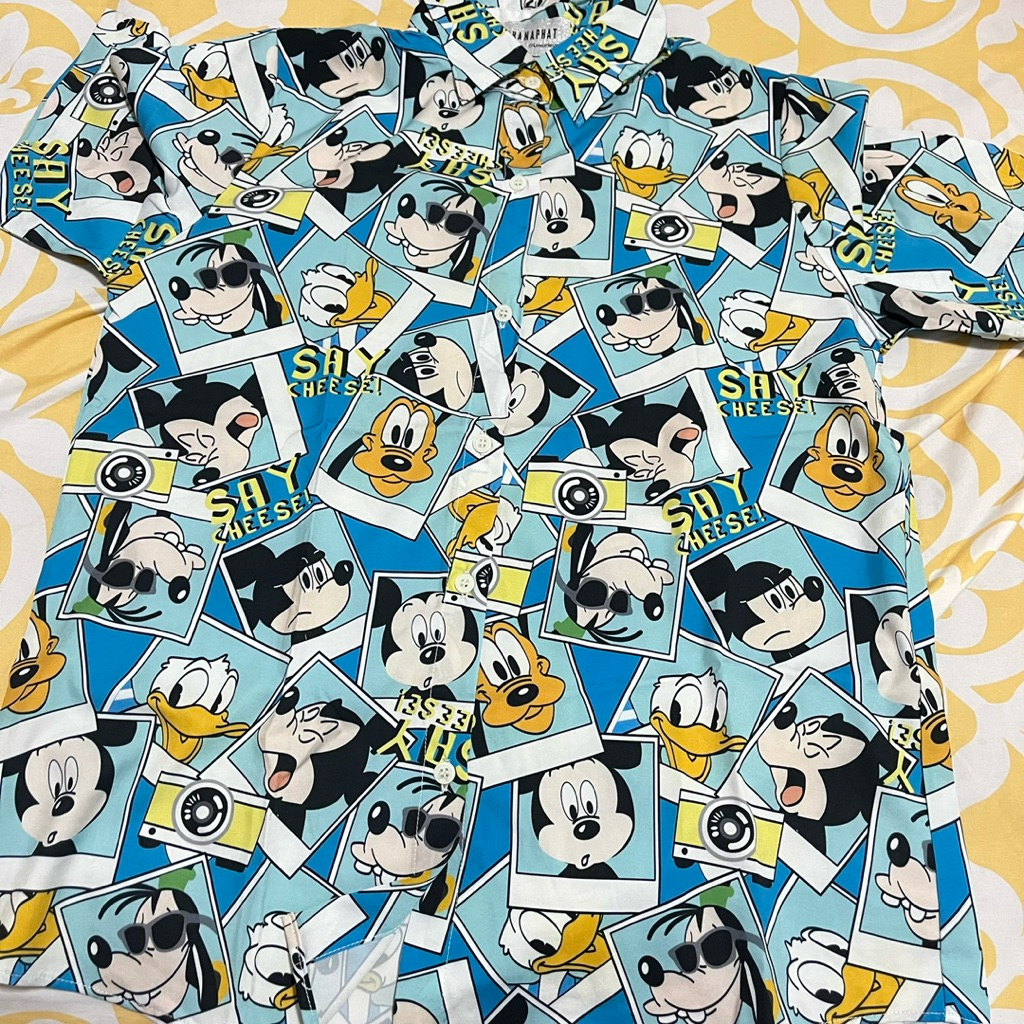 (preloved) kemeja lengan pendek mickey goofy biru
