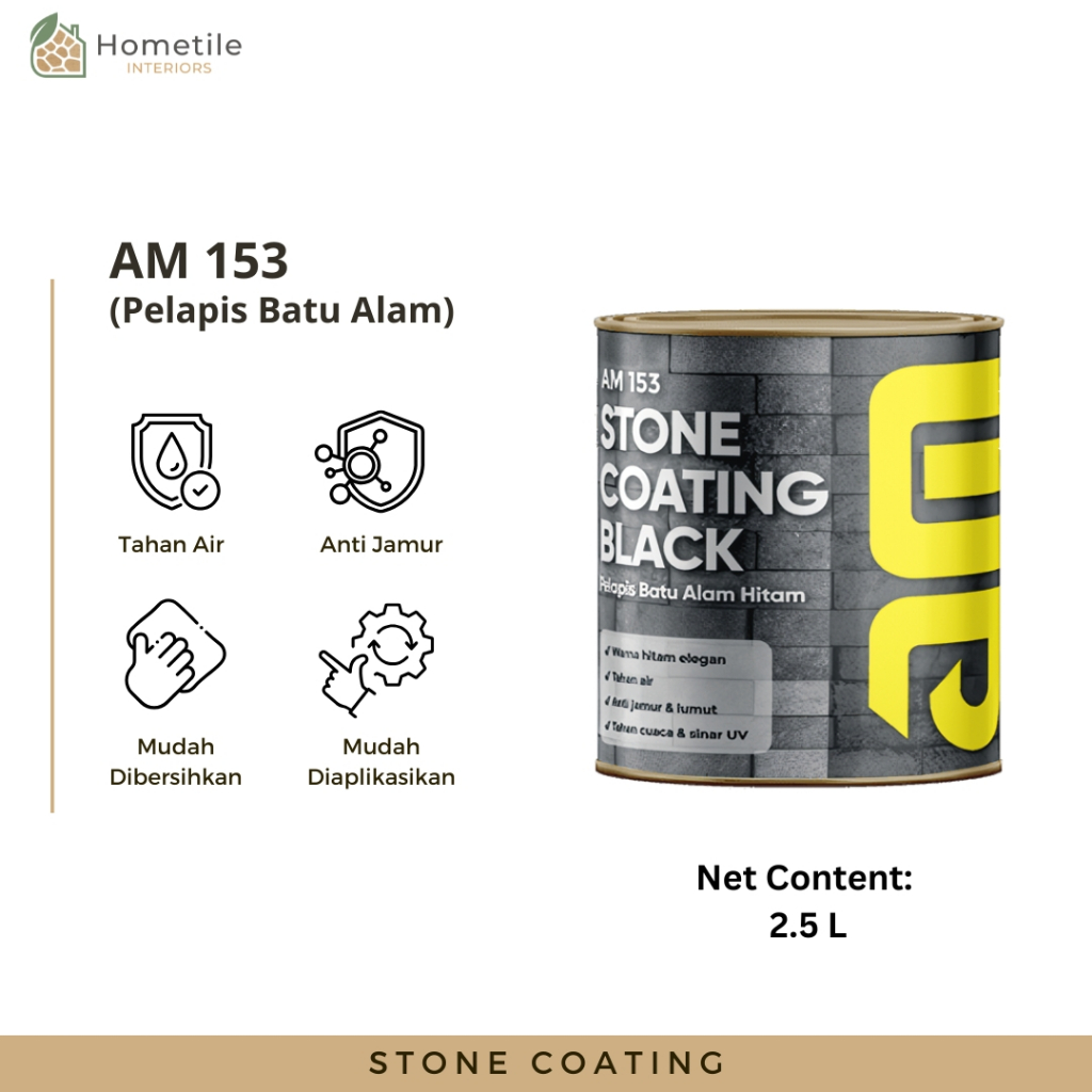Cat AM 153 Pelapis Batu Alam - Hitam Glossy, Untuk Area Kering & Basah, Dinding Tahan Air Anti Jamur
