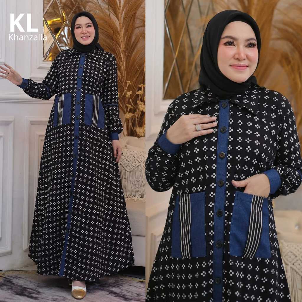 Nayara Dress Fashion Muslim Gamis Batik Modern Terbaru Kombinasi Soft Denim Gamis Katun Premium Wani