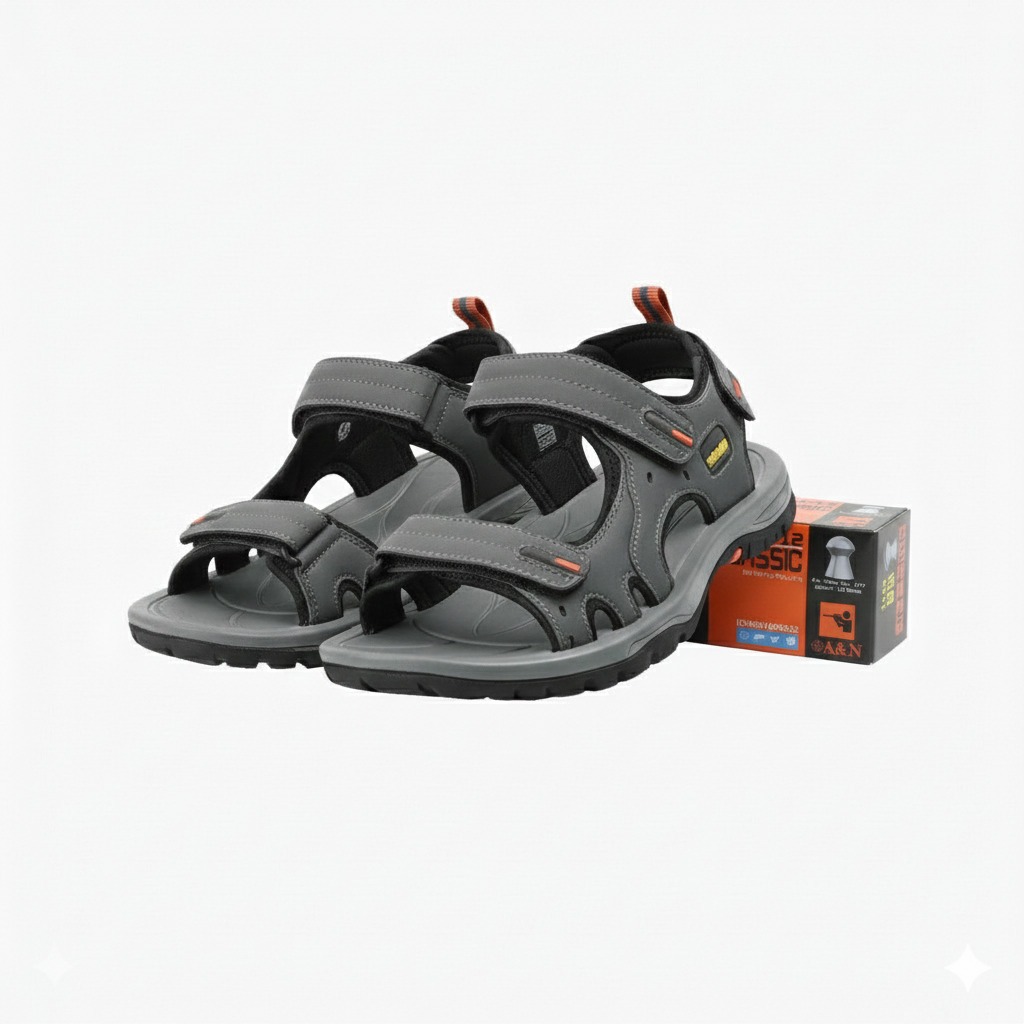 Sandal Outdoor Pria Abu-Abu JBS FLAT Hitam Dengan Tali Desain Sporty Nyaman Dipakai Hiking Outdoor