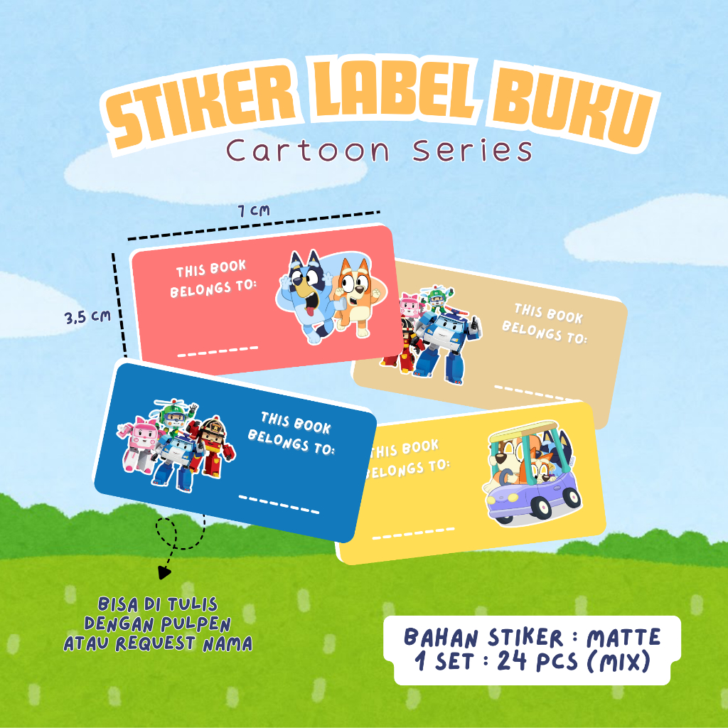 Stiker Label Buku untuk Buku Cerita, Dongeng, Tulis, Paket dan Pelajaran Toddler Bluey Robocar Poli