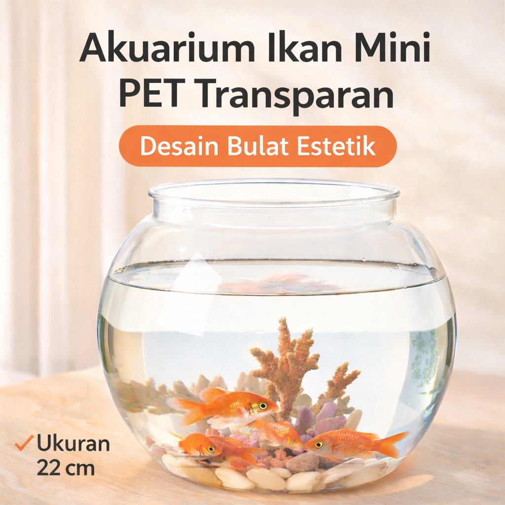 Needify Akuarium Ikan Mini Bulat PET Transparan 22cm Mangkok Ikan Hias Dekorasi Meja Set Batu Jaring
