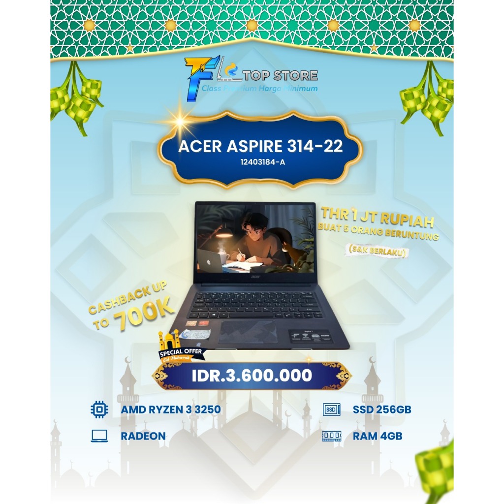 LAPTOP ACER ASPIRE 314-22 AMD RYZEN 3 3250 RAM 4/256GB
