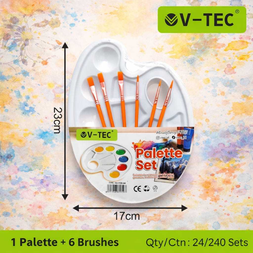 1 Set Palet Lukis + Kuas 6Pcs / V-TEC Palette Plastik Oval Putih RD-1725 BR