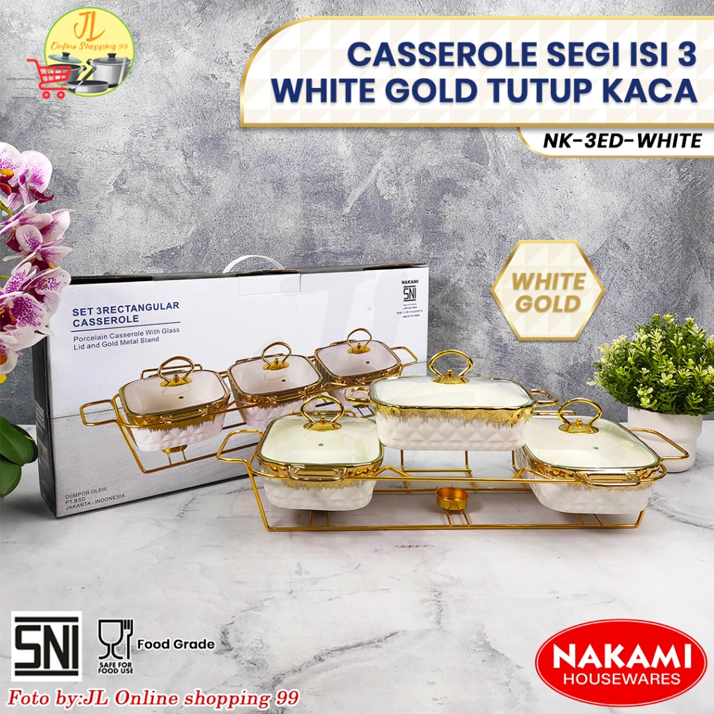NAKAMI prasmanan set segi isi 3 + tutup + rak motif marble white gold keramik type NK-3ED-WHITE  / p