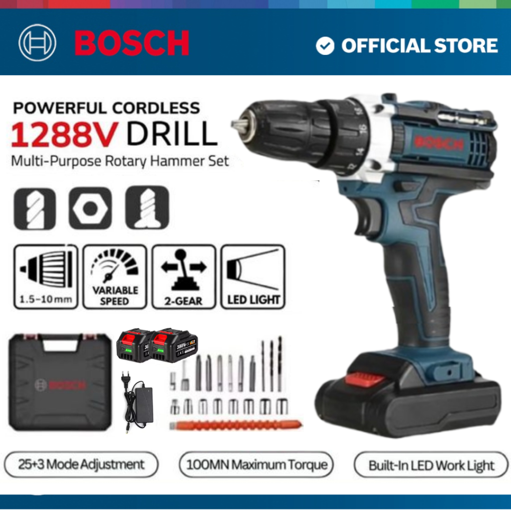 BOSCH Mesin Bor Baterai Tangan Cordless Drill Mesin Bor 2Baterai Cas 10mm Tangan Murah Berkualitas