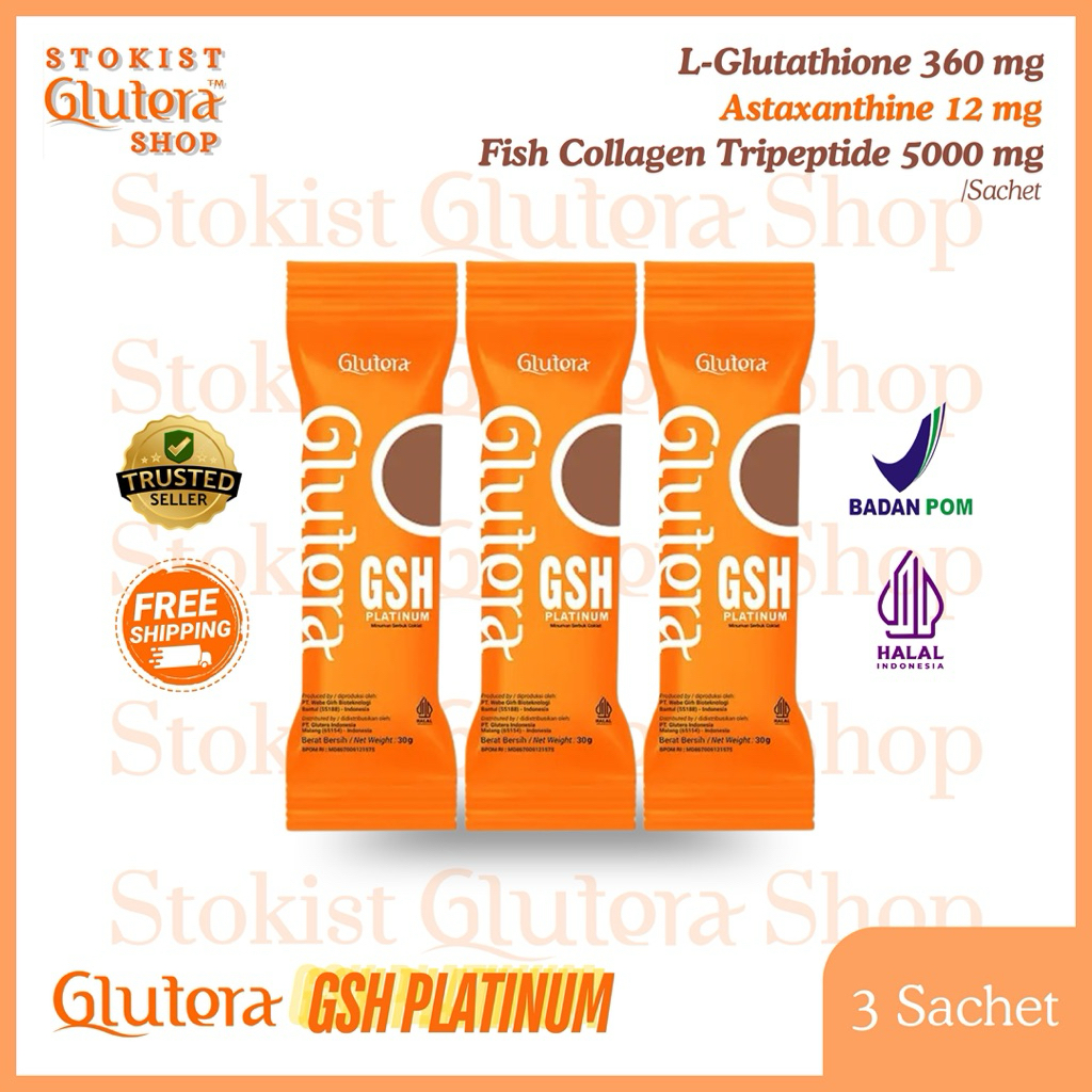 [3 SACHET] GLUTERA GSH PLATINUM Glutathione, Astaxanthin, Collagen Tripeptide 5000 mg, White Tomato 