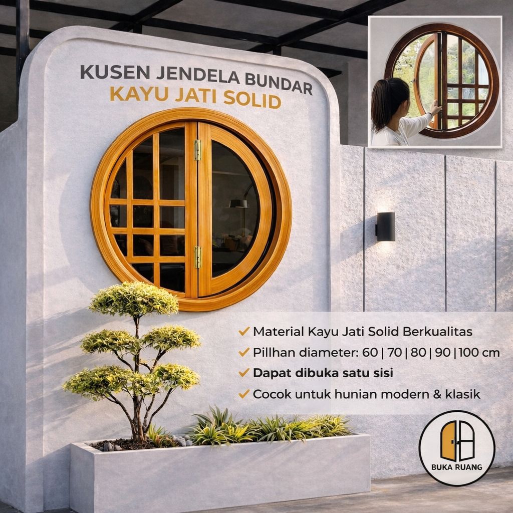 Jendela Bulat Jati Buka Satu sisi Diameter 60cm sampai 120cm / kusen jendela kayu model baru / kusen