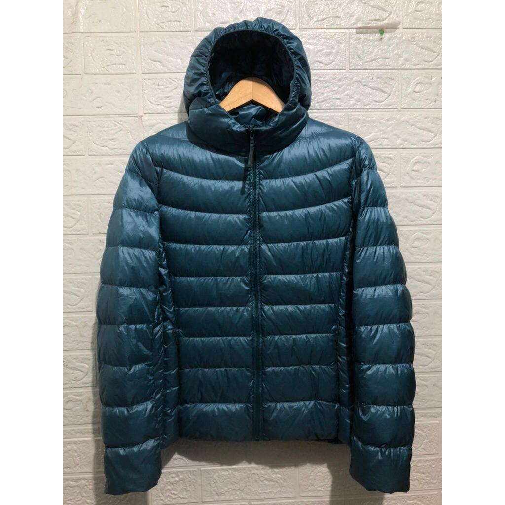 UNIQLO ultralight down long neck jaket hoodie biru tosca