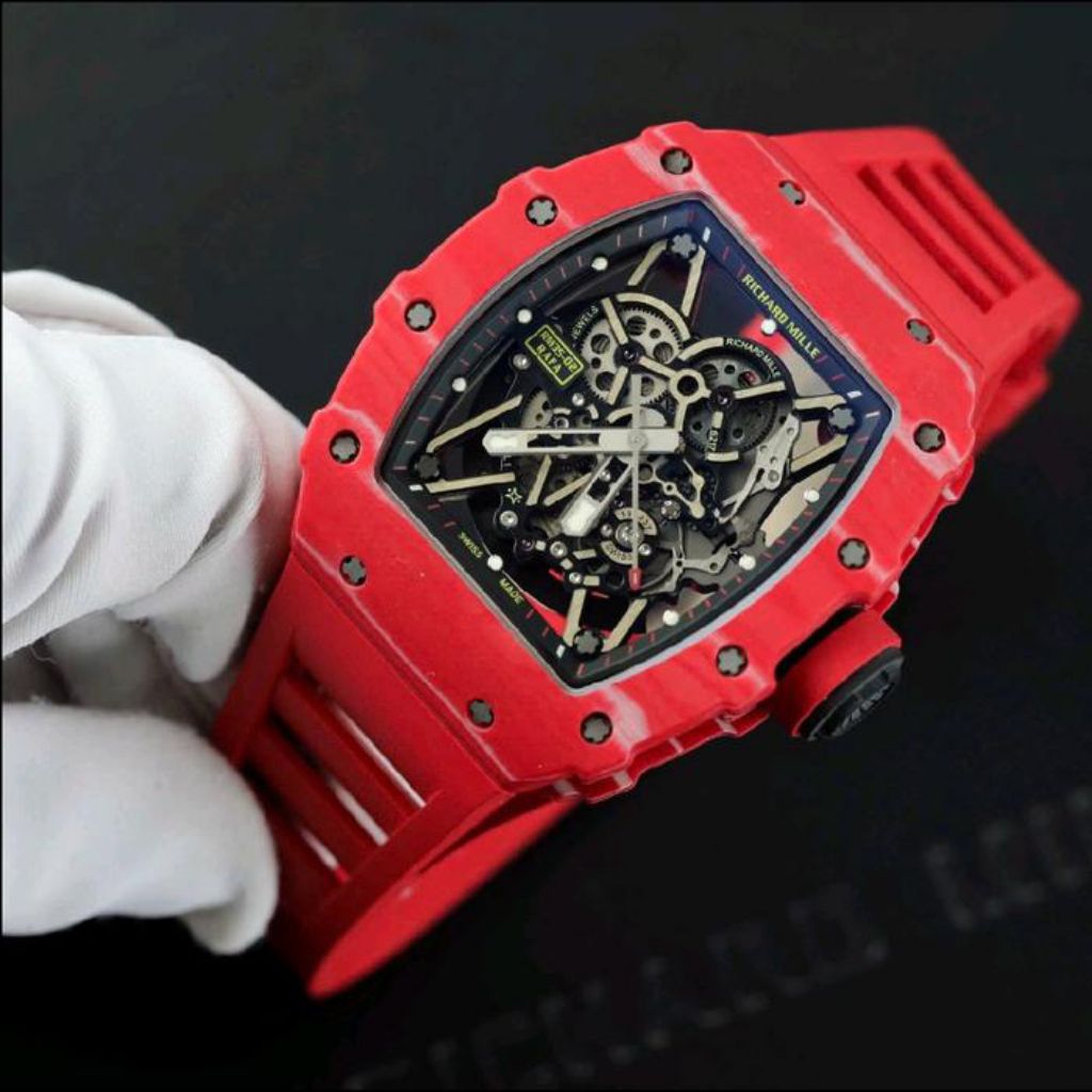 JAM TANGAN RM35-02 CARBON RED SWISS AUTOMATIC JAM TANGAN OTOMATIS FULL RES STRAP RUBBER MEWAH KEREN