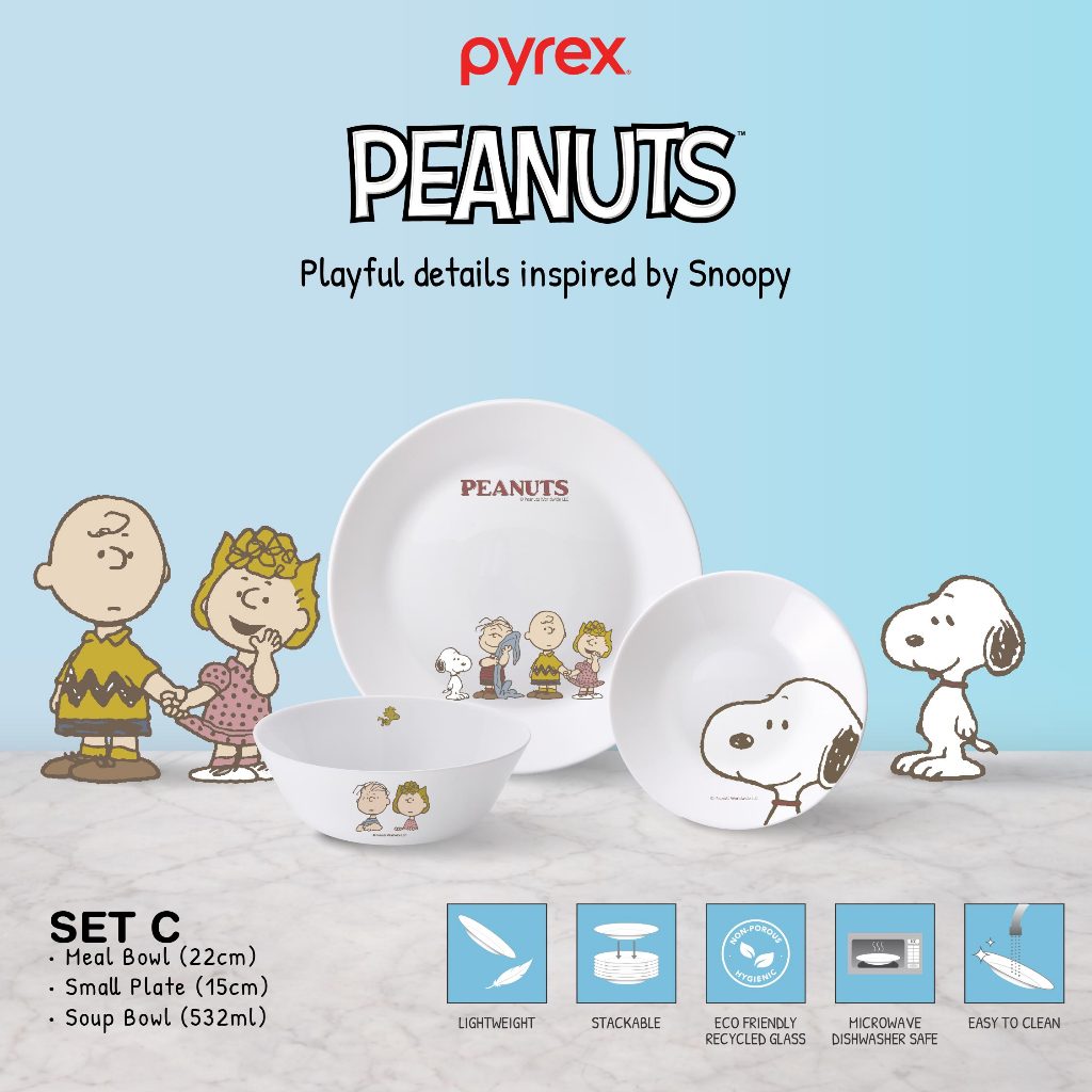 PYREX Peanuts Snoopy Dinner Set 3 Pcs Pring Mangkuk Makan Milkglass Microwave & Dishwasher Safe Muda