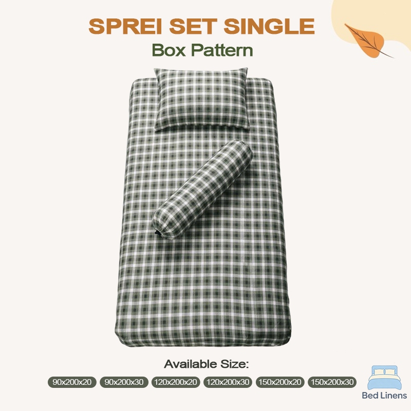 Sprei Set Single Motif Kotak Ready Stock COD Tinggi Sprei 20/30cm ,Ukuran 90/120/150x200- Katun Prem