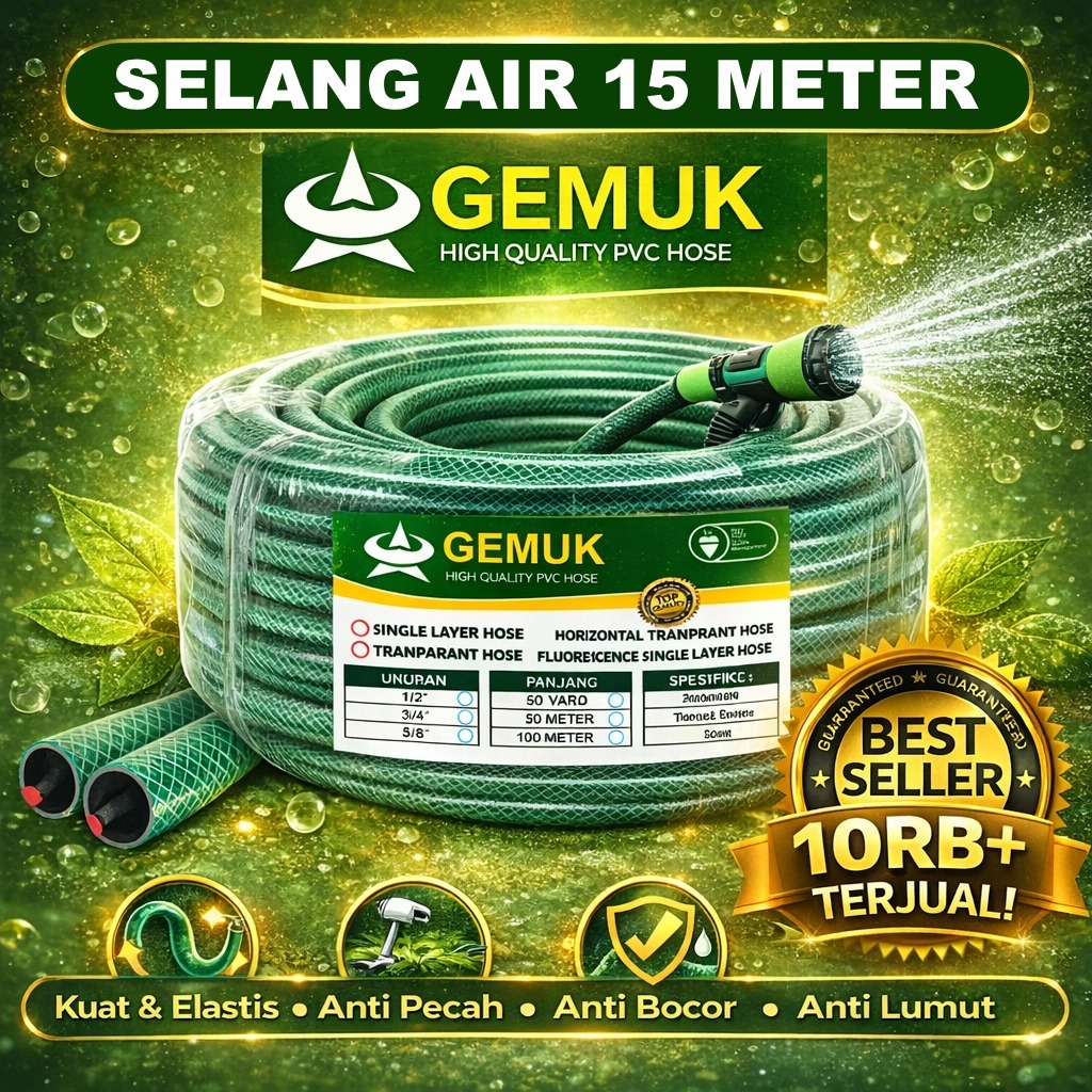 GEMUK Selang Air 15 Meter Selang Benang PVC Anti Lumut  Tebal Selang Serat Benang Kuat Selang Cuci M