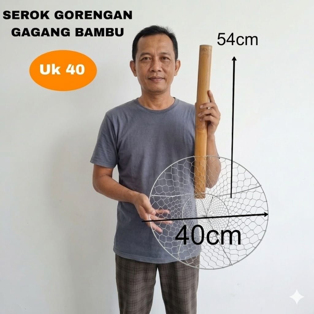 Serok Saringan Minyak Serokan Gorengan Gagang Bambu Jumbo ukuran 40