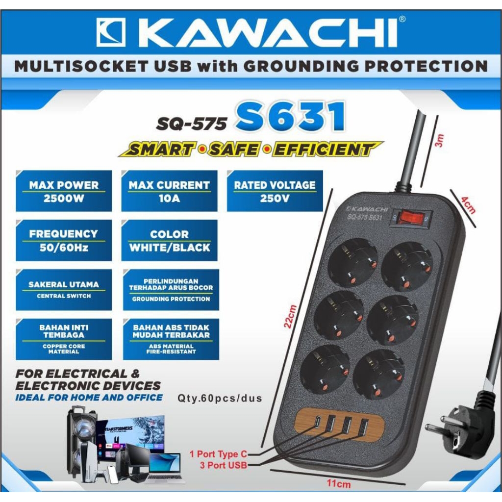 KWC stop kontak 6LB cok sambung 6 lobang+colokan USB