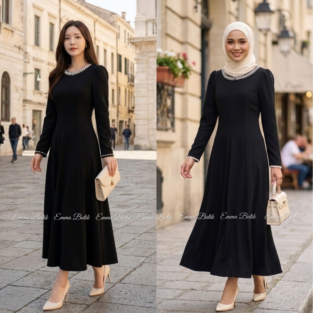 Emma.Butik E00453 Gaun Hitam Wanita Midi Dress Manik Mewah Polos Elegan Lengan Panjang Tunik Hijab F
