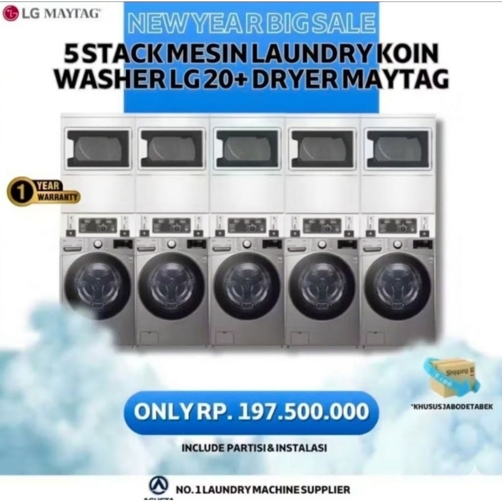 Mesin Laundry Coin 5 Set Mesin Cuci LG 20 kg & Mesin Pengering Maytag 15 kg + Partisi