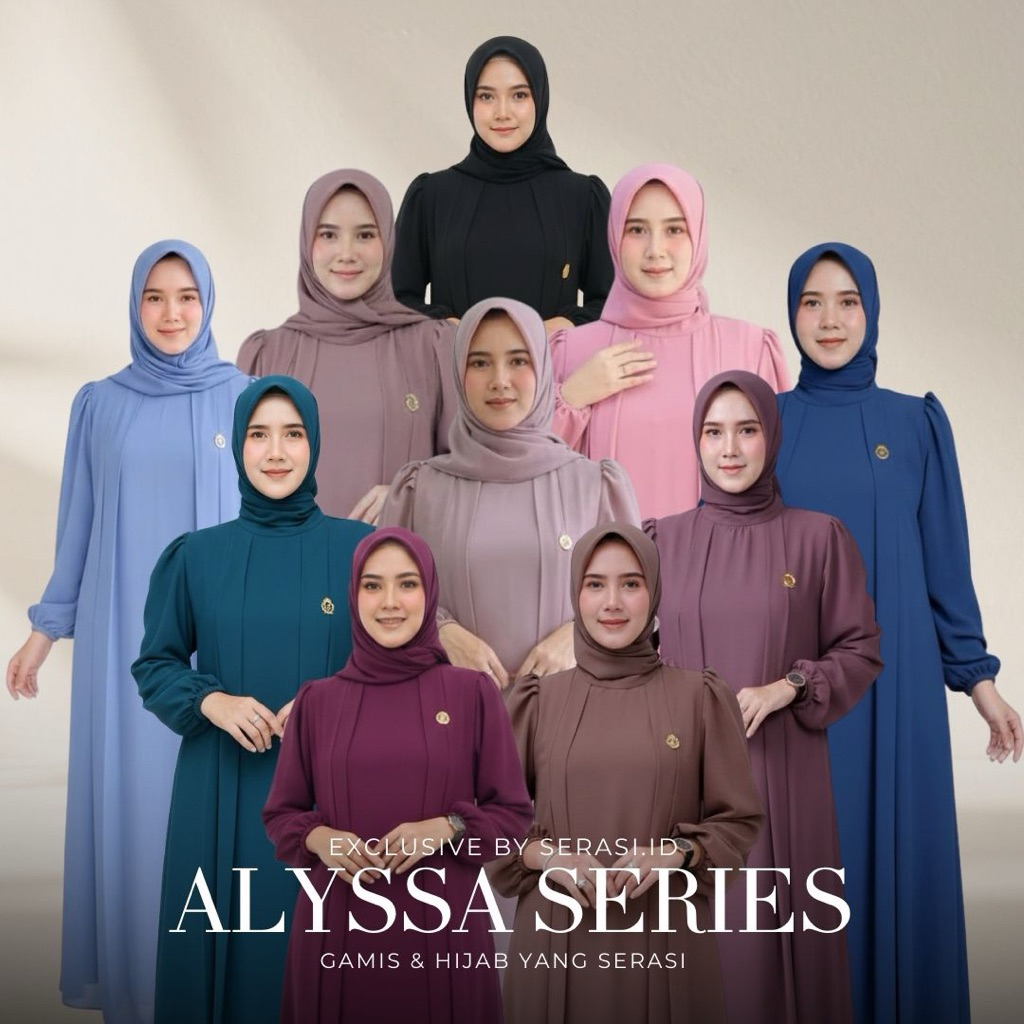 ALYSSA DRESS SET HIJAB Gamis Muslim Lebaran Syari Simpel Mewah Ceruty Babydoll Premium Full Puring