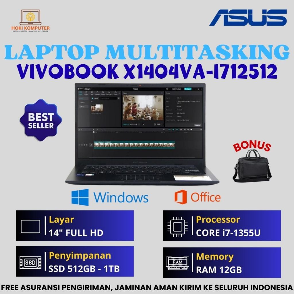 Baru Laptop Asus VivoBook X1404VA-I712512 Core i7-1355U Ram 12Gb Ssd 1Tb 14" Full HD Windows 11