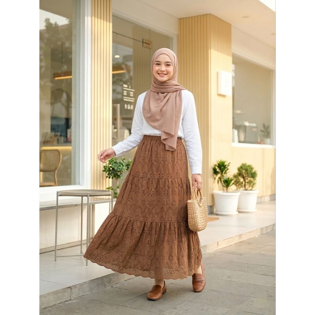 Rok Korean Style Terbaru Kekinian / Rok Katbol Korea / Rok Katun Bolong Bordir Full Premium / Rok Wa