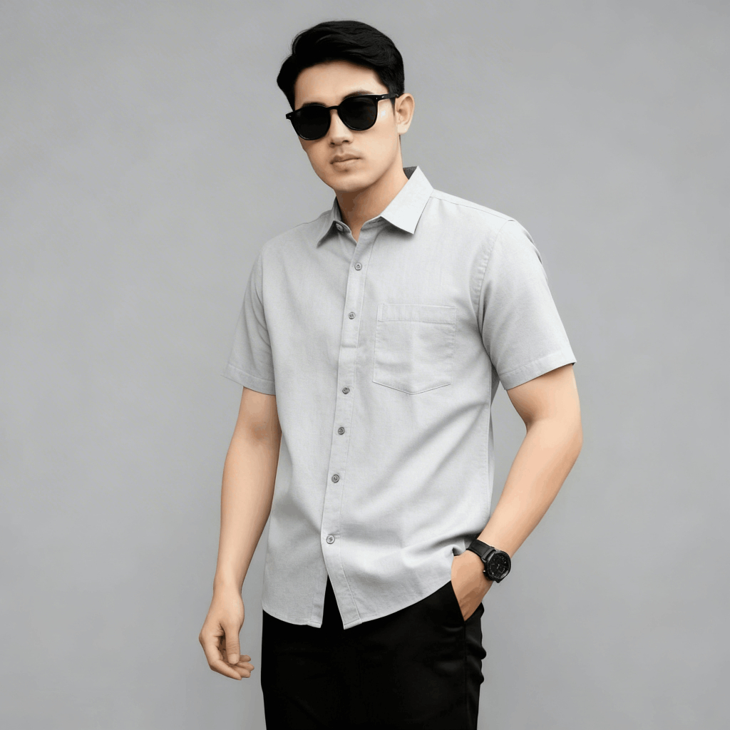 Sallamahgo Kemeja Pria Polos Biru Lengan Pendek Tekstur 3D | Poshboy Leisure Shirt