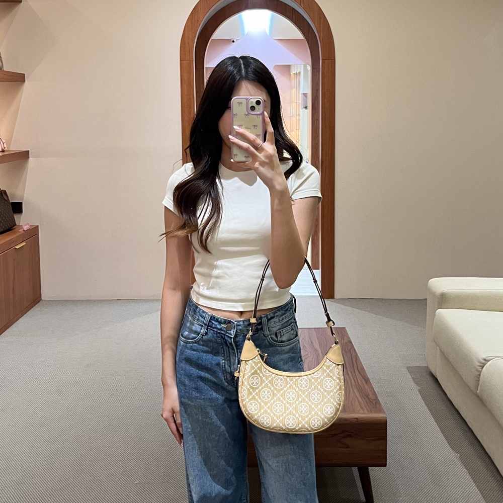 Tas TB CRESCENT MONOGRAM WHITE BEIGE RUFFLE SHOULDER BAG 100% ORIGINAL