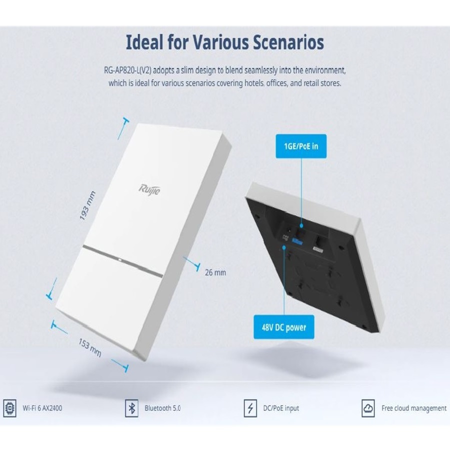 AP820L V2 Ruijie AP820L V2 AX2400 WiFi6 Enterprise grade Managed AP 2.4Gbps, 1Gbps port Ruijie RG-AP