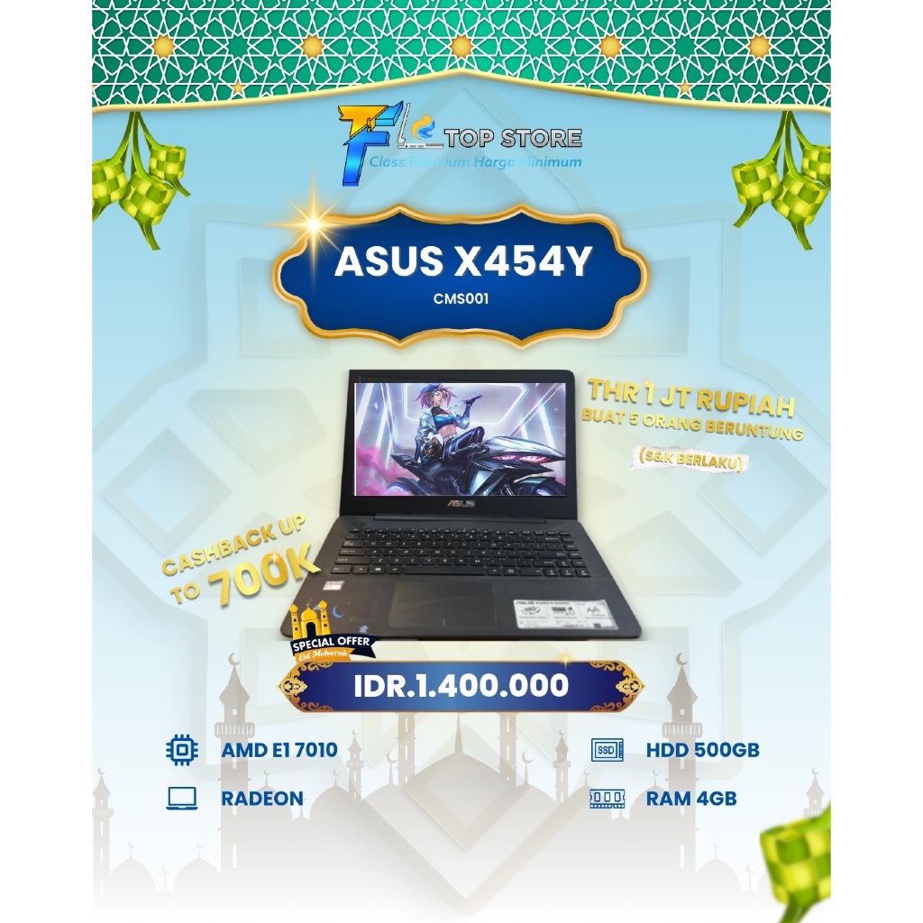 LAPTOP ASUS X454Y AMD E1 7010 RAM 4GB/HDD 500GB
