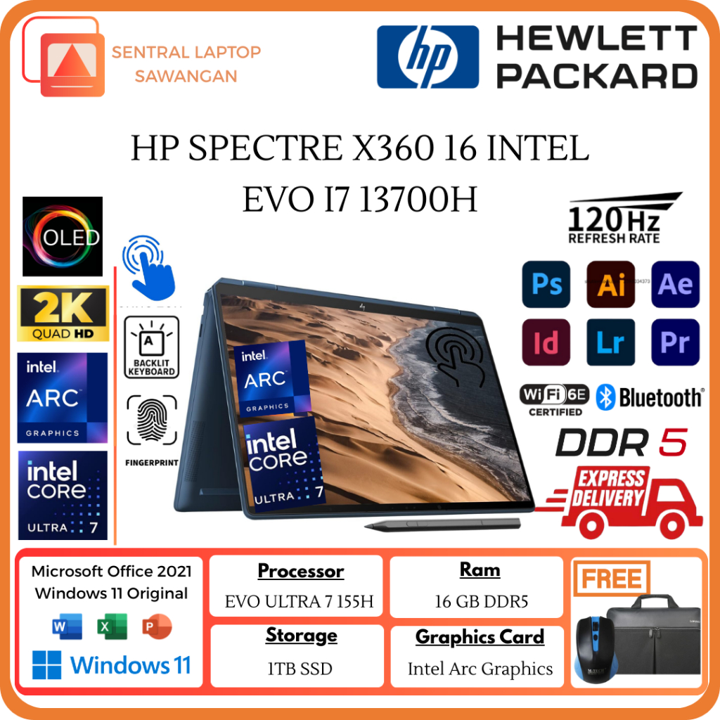 HP SPECTRE X360 14 Intel EVO ULTRA 7 155H 16GB DDR5 1TB INTEL ARC 14.0 2.8K OLED Touch 120HZ + Pen W
