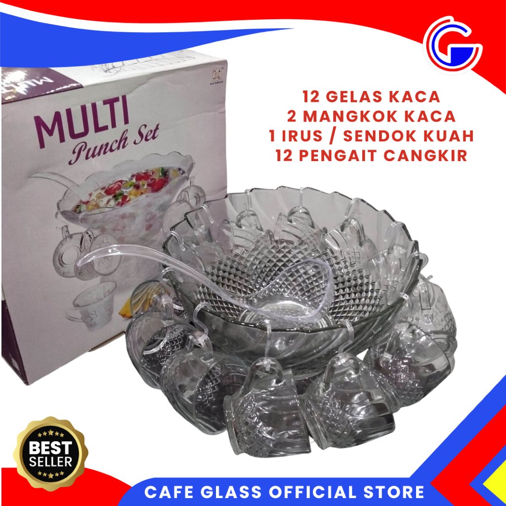 Tempat Es Buah Kedaung 12 Gelas 2 Mangkok Kaca 1 Irus - Multi Punch Bowl Set Lebaran Lengkap