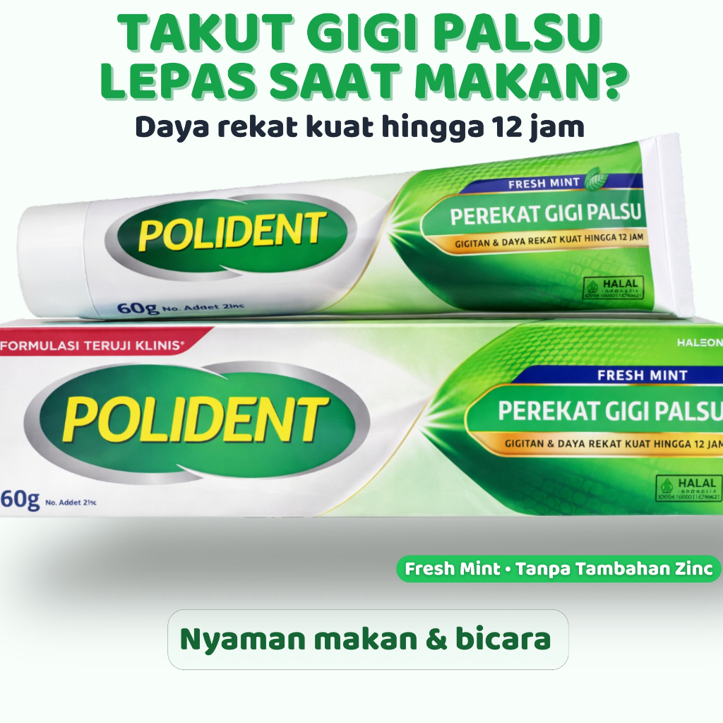 Perekat Gigi Palsu Polident 60g Lem Gigi Palsu Kuat Tahan Lama Hingga 12 Jam Fresh Mint Tanpa Zinc O