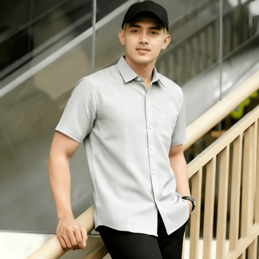 Tangiowild Kemeja Pria Polos Biru Lengan Pendek Tekstur 3D | Poshboy Leisure Shirt