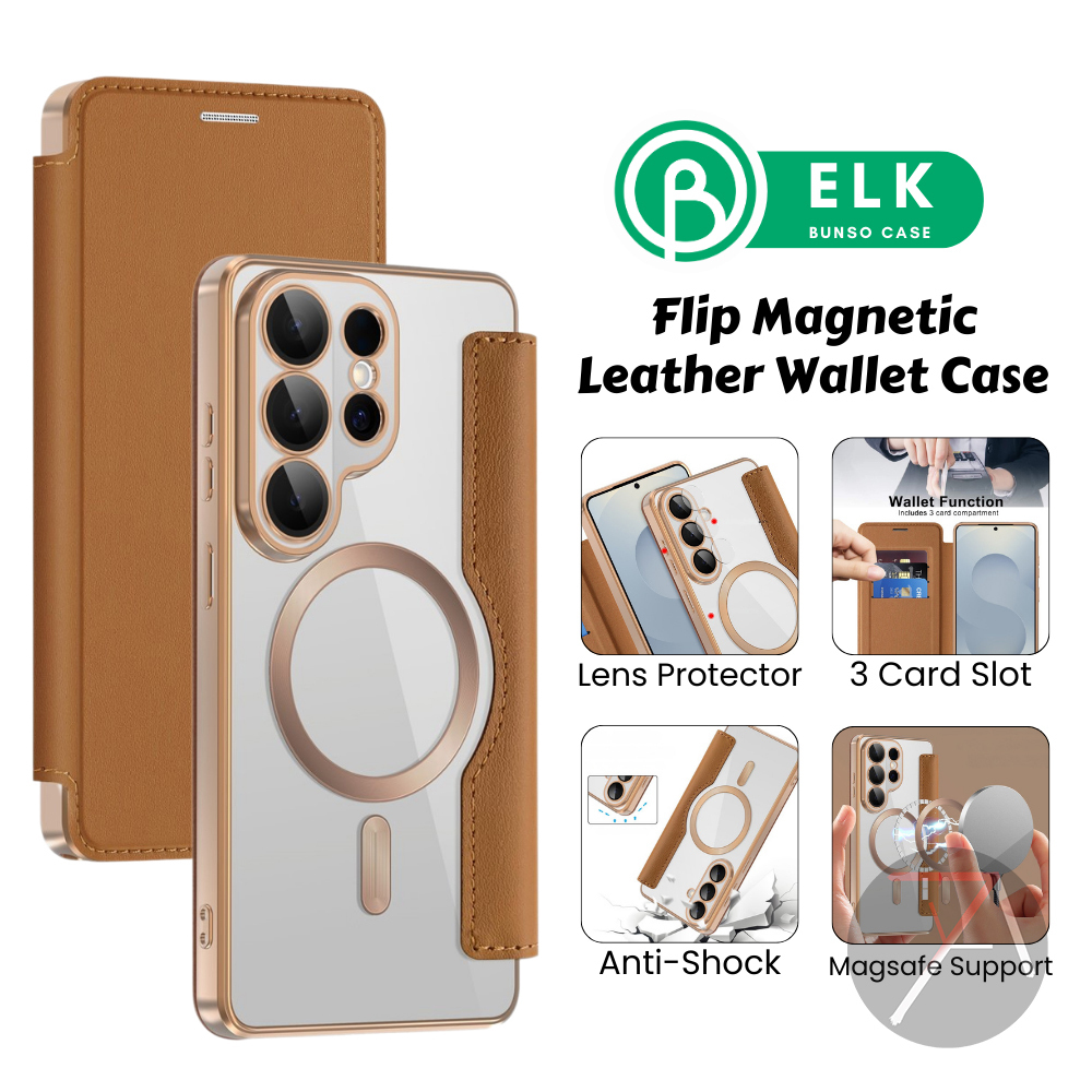 Bunso ELK Flip Case untuk Samsung Galaxy S26 Ultra Edge Plus FE S25 S24 S23 S22 5G Premium Leather M