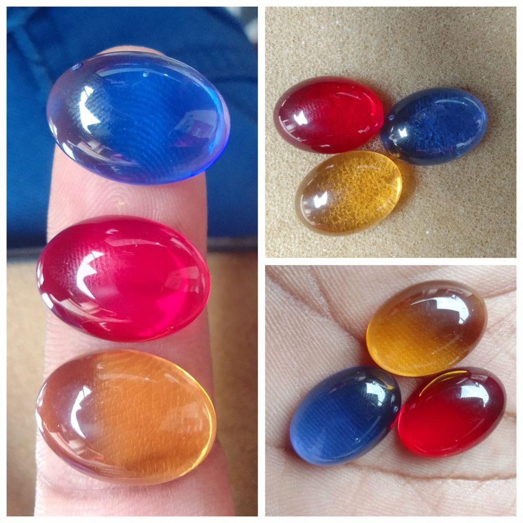 3 BUTIR BATU AKIK "BLUE SAFIR - MERAH SYAM - KECUBUONG KUNING" 18X13mm OBSIDION STONE