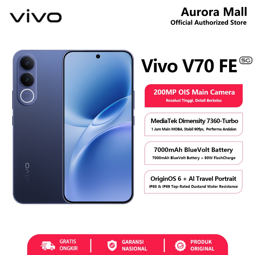 Vivo V70 FE 5G 12/256GB 12GB+12GB Extended RAM NFC HP Android Terbaru 2026 Handphone Official Store