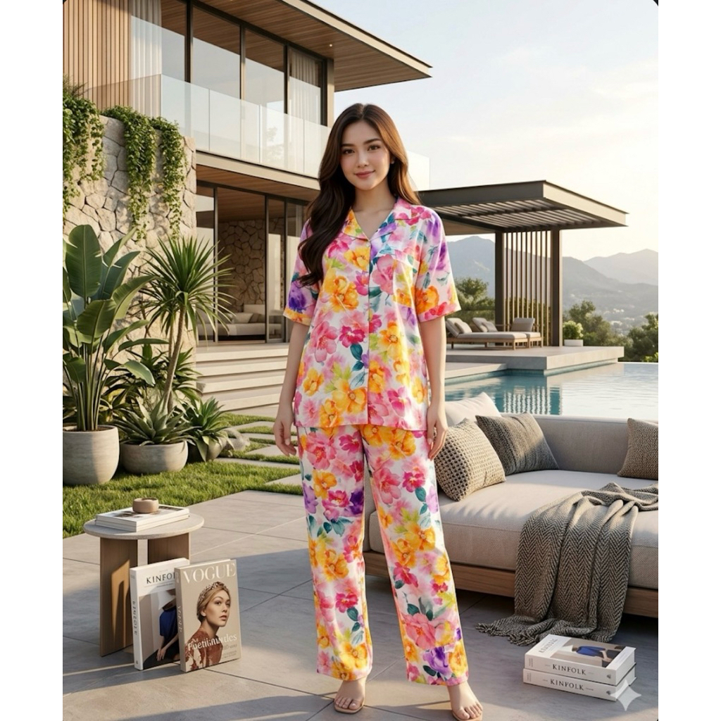 Piyama CP Kerah Pretty Girl Gold Premium Bahan Rayon Piyama Celana Panjang Pretty Girl Rayon Gold