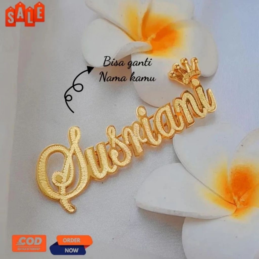 Bros Nama Lapis Emas 24 Karat Bros Dada Cantik Custom Nama Kamu Bros nama emas silver gold rosegold 