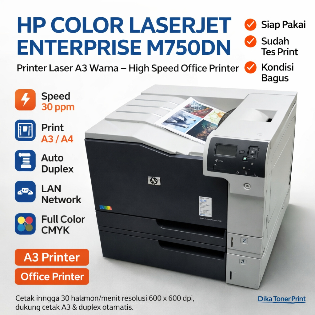 HP Color LaserJet Enterprise M750dn Printer A3 Warna | Duplex Auto | LAN Network | Office Laser Prin