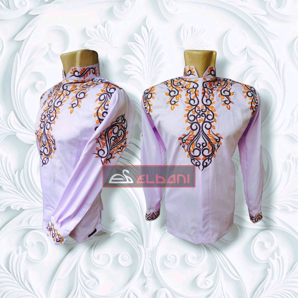 Koko ELBANI Bordir Pauna Baju Koko muslim pria dewasa tangan panjang full bordir depan belakang Koko