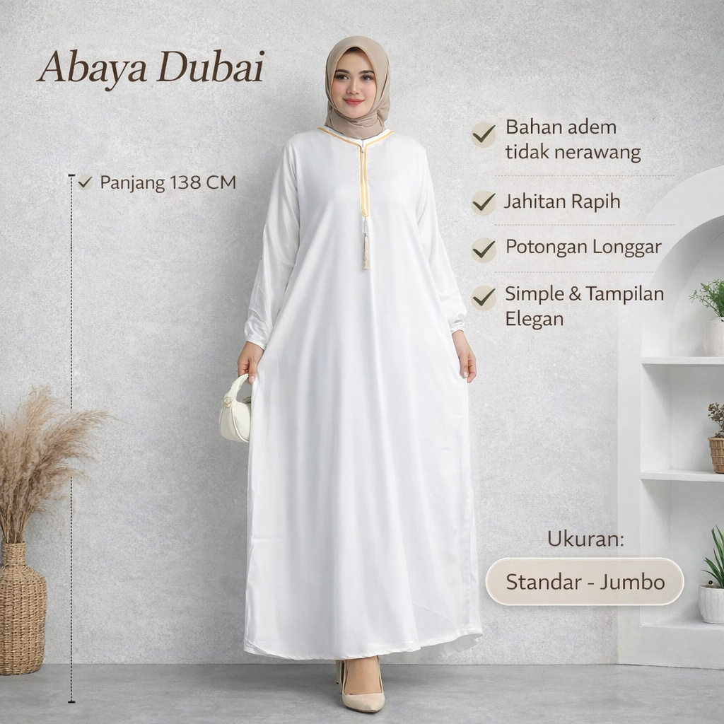 abaya dubai original trompah impor Gamis putih Wanita dengan Hiasan Bordir